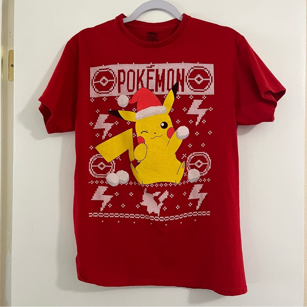 POKÉMON Pikachu Christmas Short Sleeve T-Shirt Red, Yellow, White Size Medium